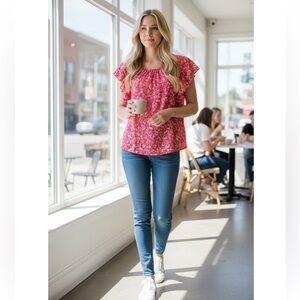 Anthropologie Pleione Floral Blouse Size Large Pink/Orange